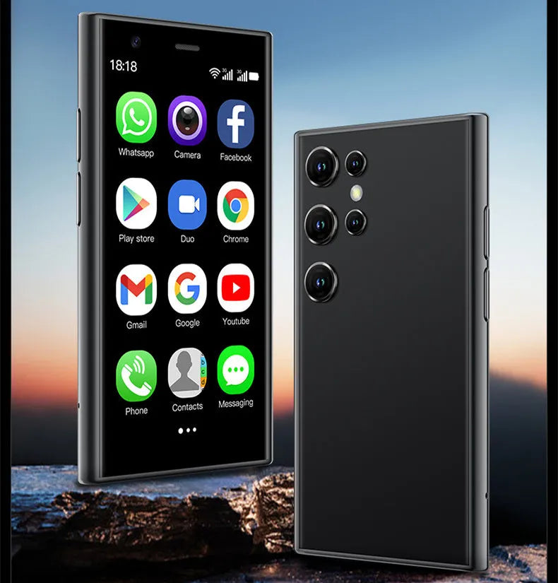 Mini Android smartphone with 3.0-inch screen in black, green or pink purple colours showing quad-core processor and 3G/WIFI connectivity