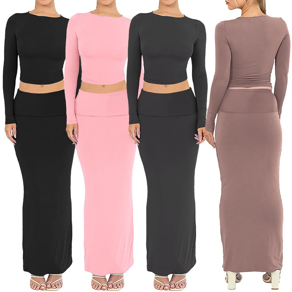 Women's black two-piece suit with three-quarter sleeves and long skirt in fresh sweet style