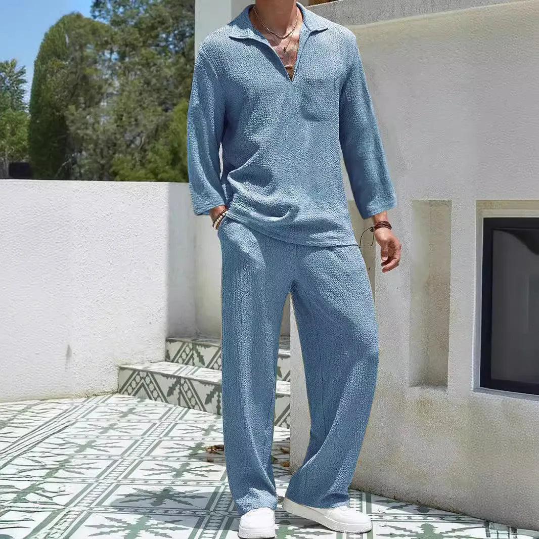 Men's casual commuter shirt trousers suit in polyester fabric available in four colours with Asian sizing