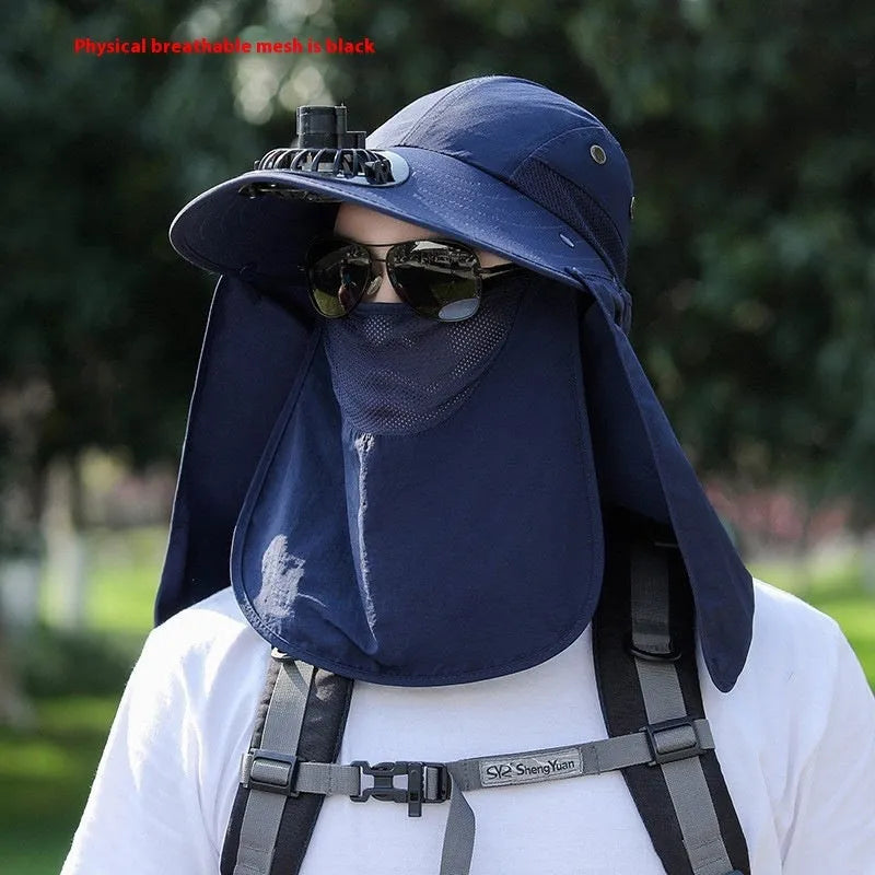Men's khaki sun hat with built-in USB fan and fabric covering for neck and face.