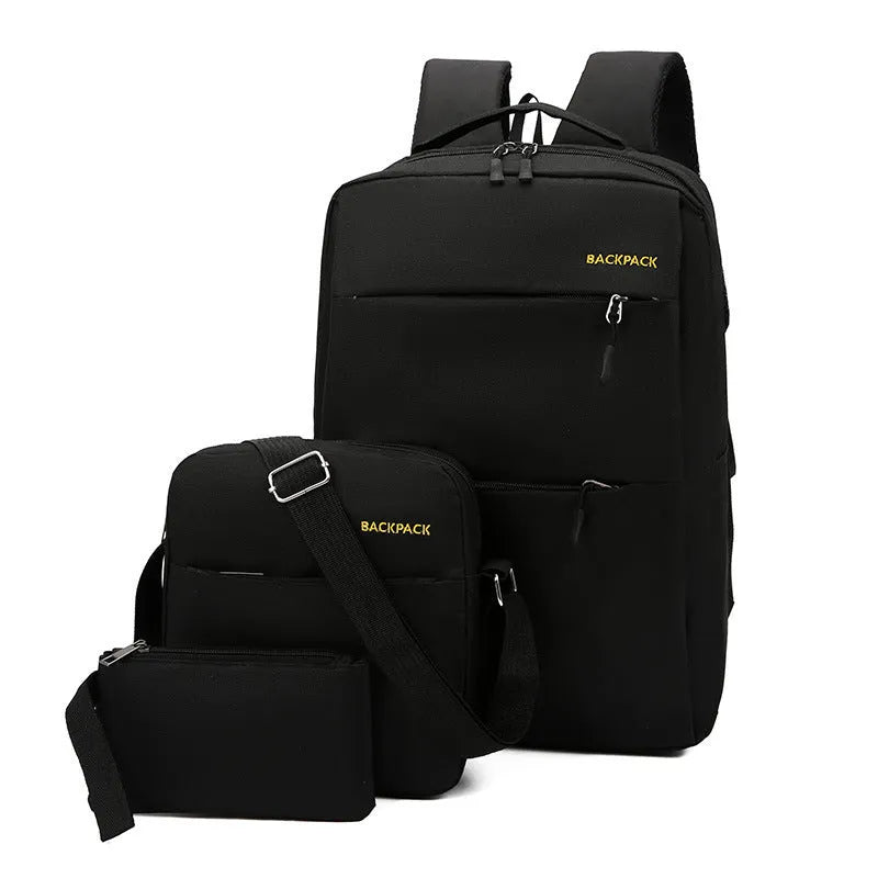 Men's casual fashion computer bag three-piece set in nylon, showing USB charging port and internal compartments.
