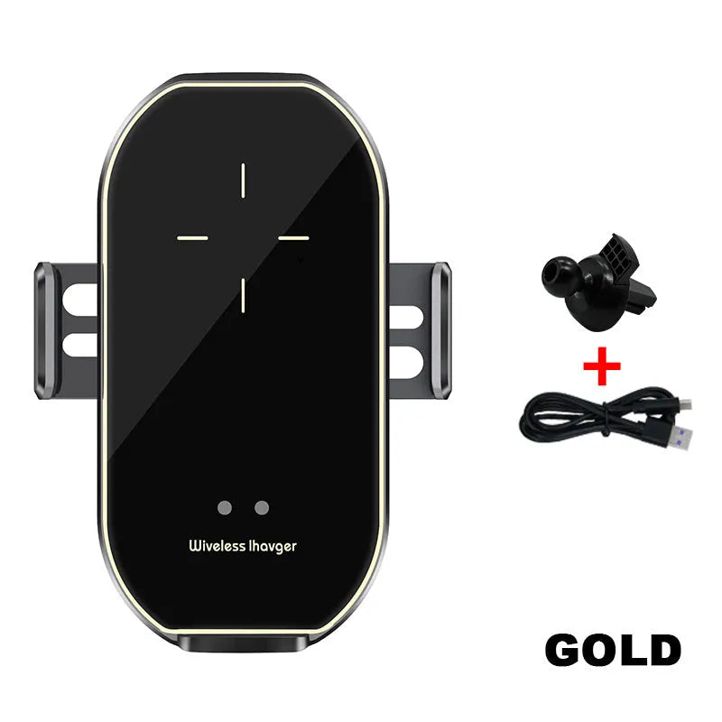 Magic Clip A7 car wireless charging mobile phone holder with black frame mounted on dashboard