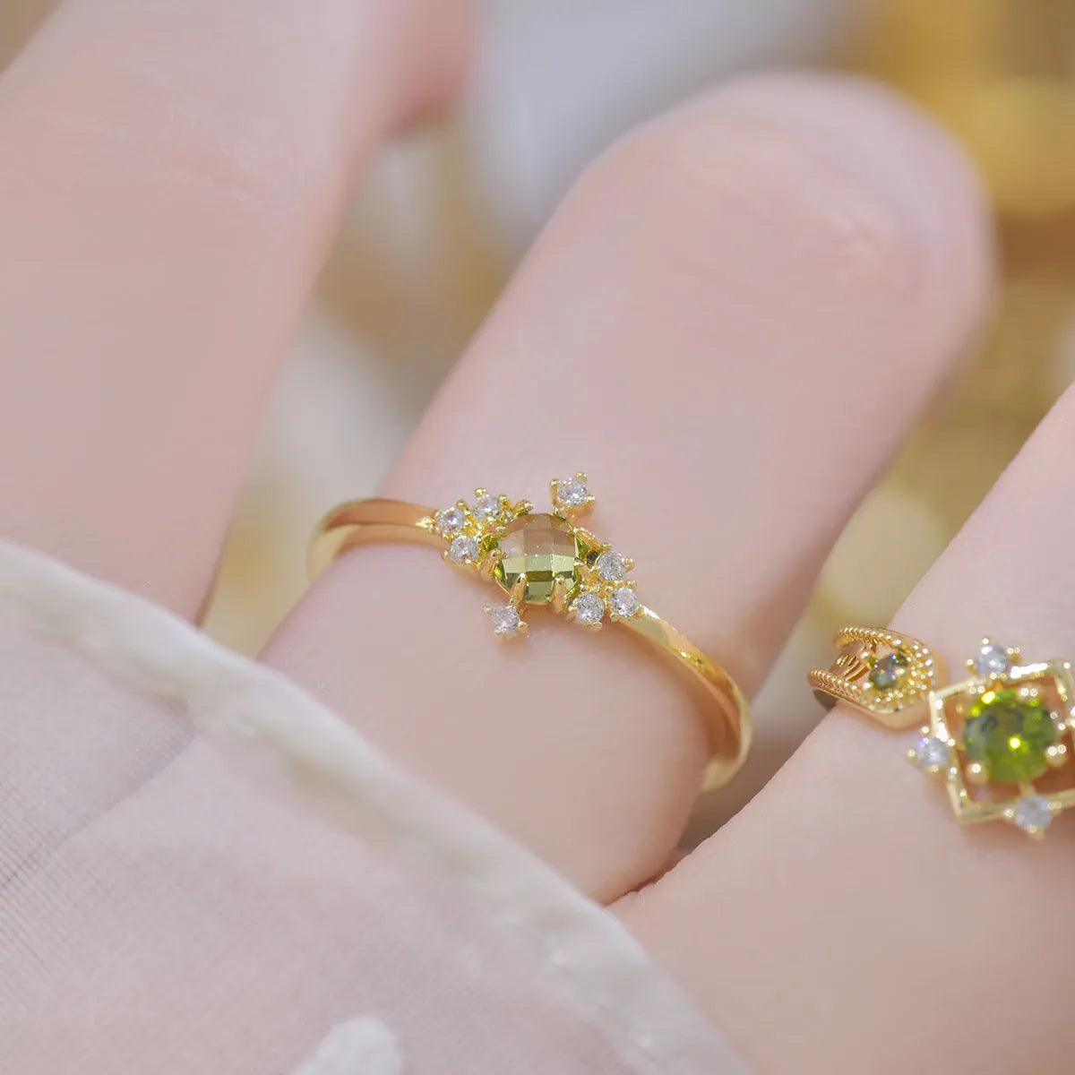 French style geometric open mouth ring with copper band and zircon stones in olive green or purple options