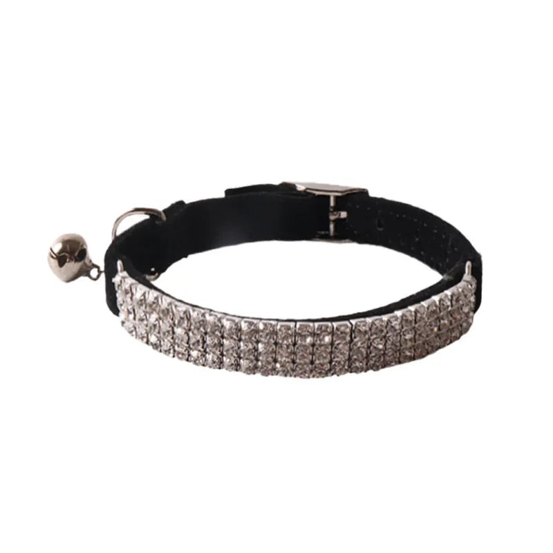 Elastic buckle cat collar with flocking material in gang drill design, shown in multiple colours.