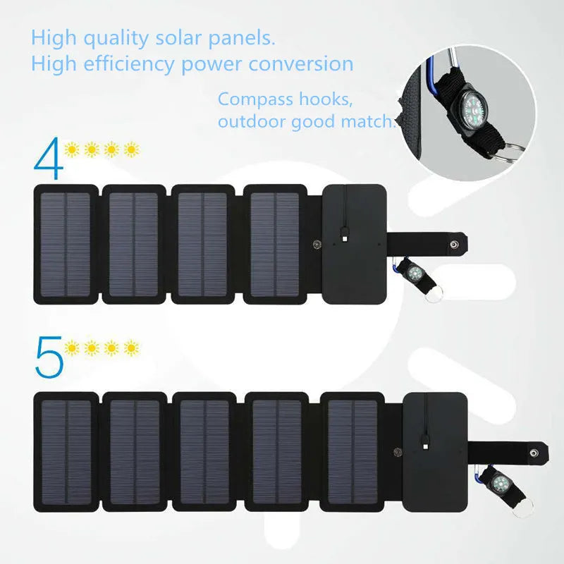 Folding solar panel charger with monocrystalline silicon cells, USB output, and compass buckle in black