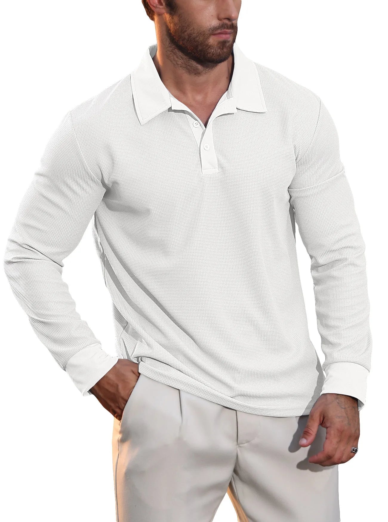 Men's lapel grid pattern long sleeve polyester sweater in autumn colours, front view