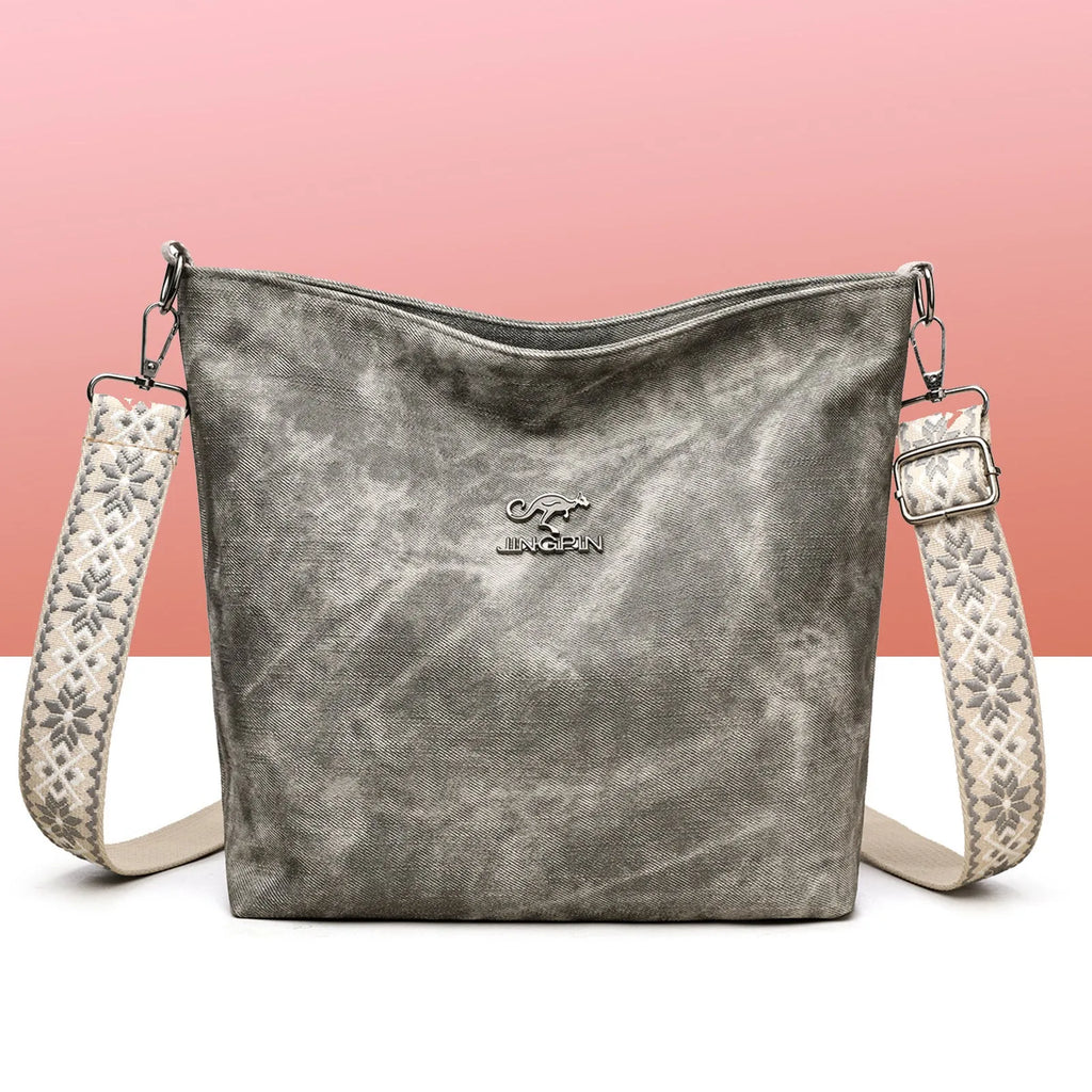 Soft PU shoulder bag in grey, pink, or yellow with adjustable strap and polyester lining