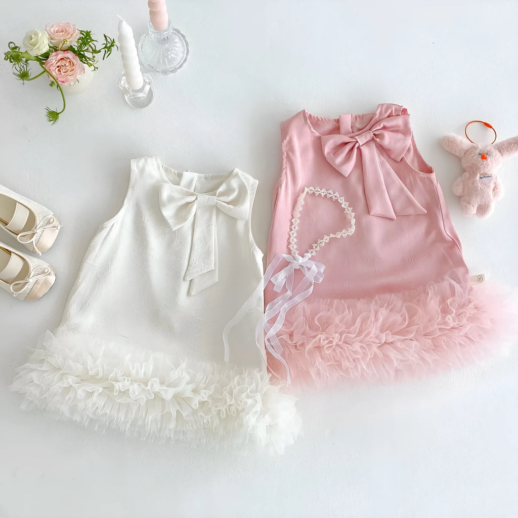 Children's Korean-style solid colour polyester dress with bow in cream rice shade for heights 73-120 cm