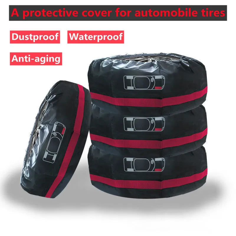 Set of four black Oxford cloth car tyre protective covers for parked vehicles.