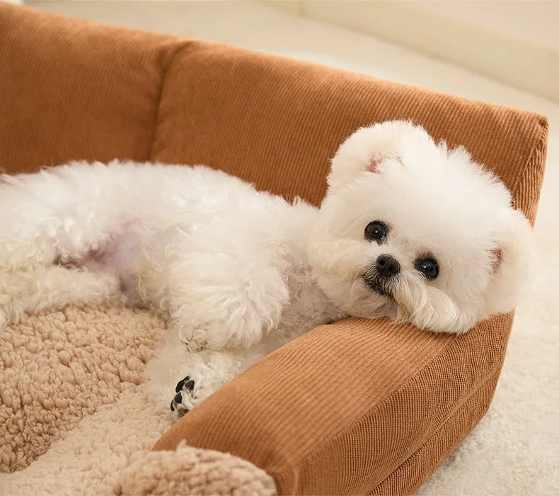 Grey and beige four-season dog kennel cushion mat shown in small, medium, and large sizes for pets.