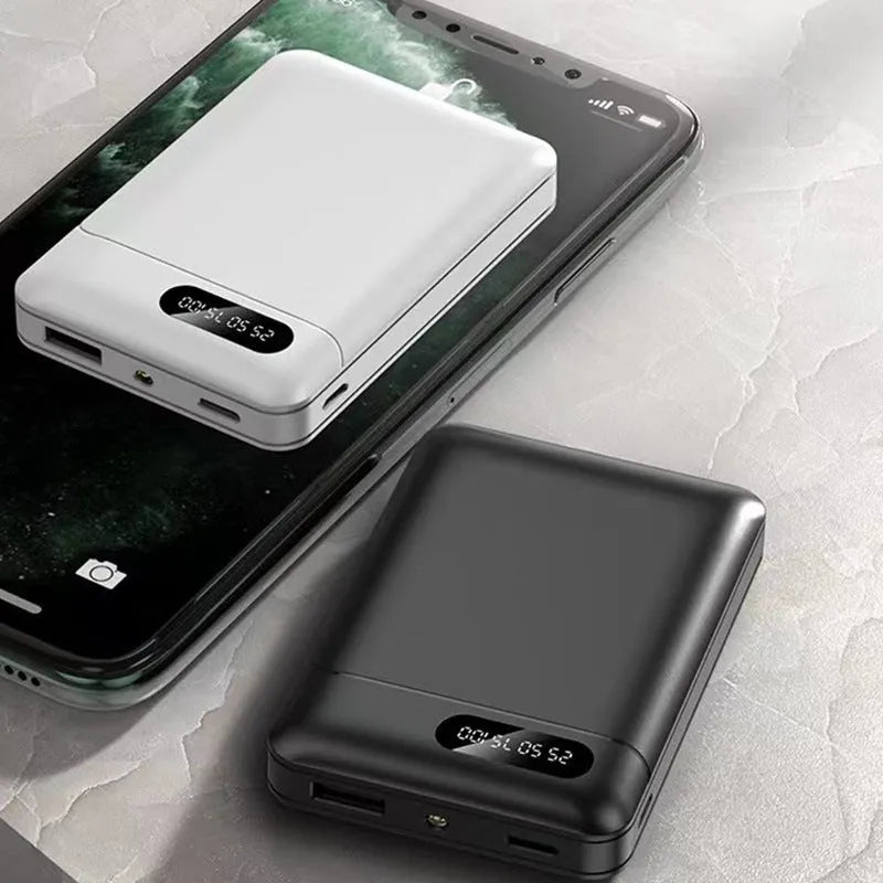 White portable power bank showing multiple USB ports and compact 92x63x23mm dimensions