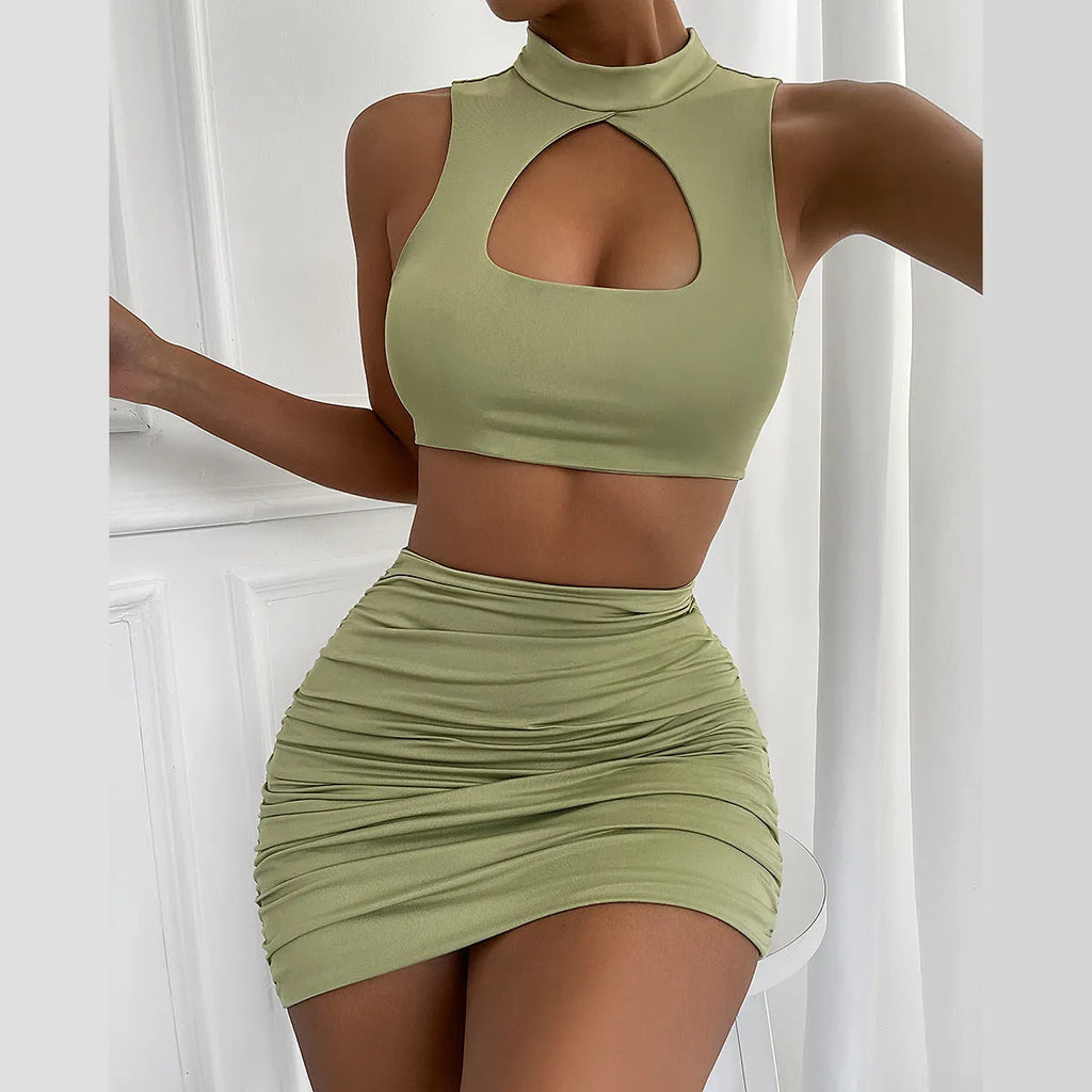 Women's light purple hollow-out vest and split skirt two-piece set in elastic polyester fabric