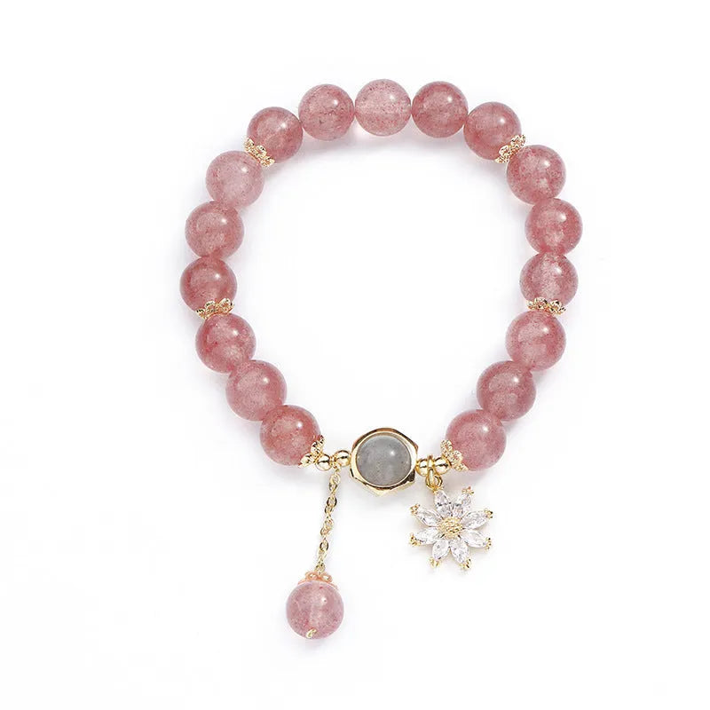 Strawberry quartz crystal bracelet with electroplated floral details in Mori Korean style.
