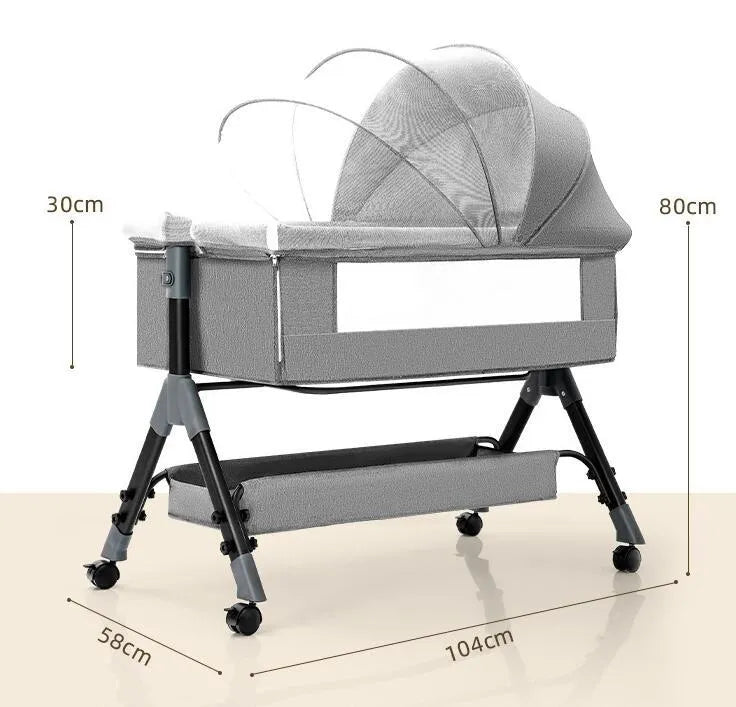 Portable folding baby crib with mosquito net and mattress, iron frame, light grey colour