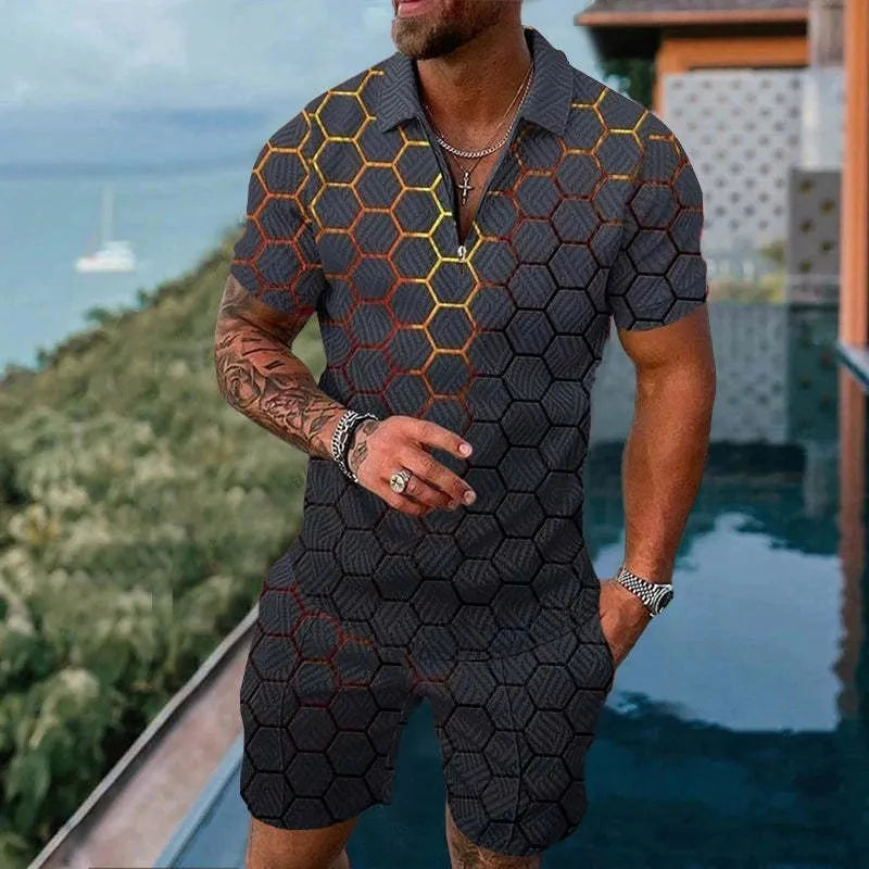 Men's summer mesh tracksuit set with short sleeve zip-up jacket and matching shorts in multiple colours