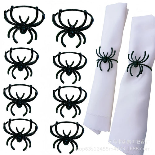 Six black alloy spider napkin rings for Halloween table decoration