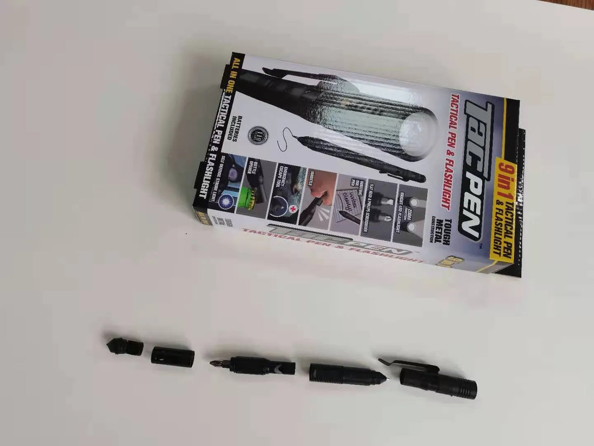 Nine-in-one multi-function flashlight survival pen in black with car window breaker feature