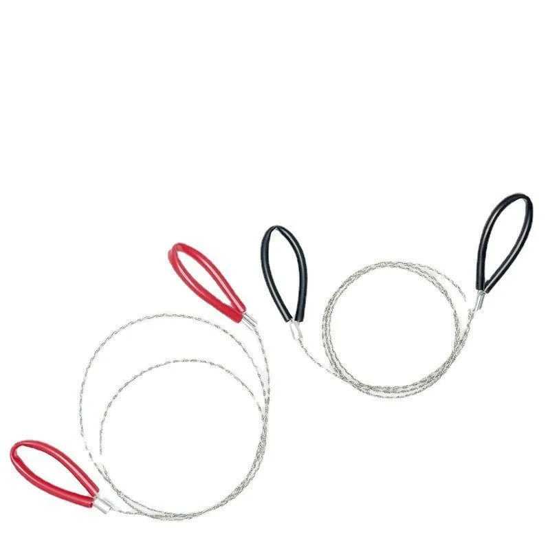 Compact black leather case containing a coiled red steel wire survival saw for outdoor use.