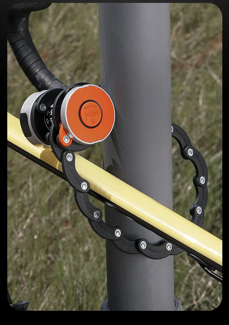 Black bicycle folding lock with password dial mounted on water bottle cage