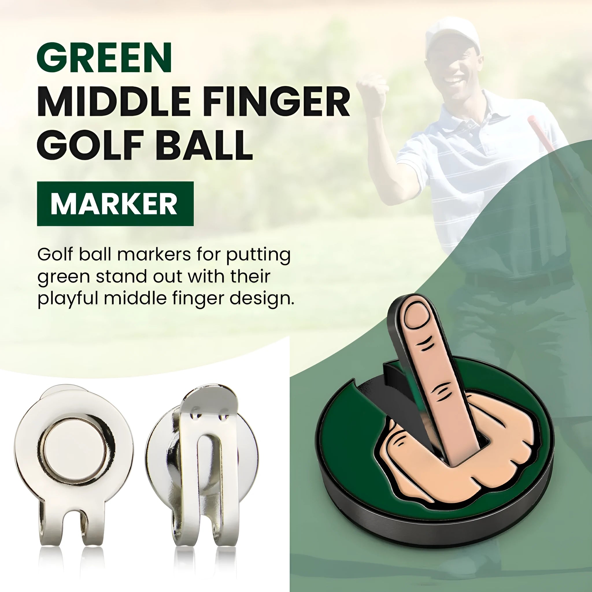 Golf hat clip with 25mm round coin vertical middle finger ballmarker and magnet, iron construction, available in multiple colours