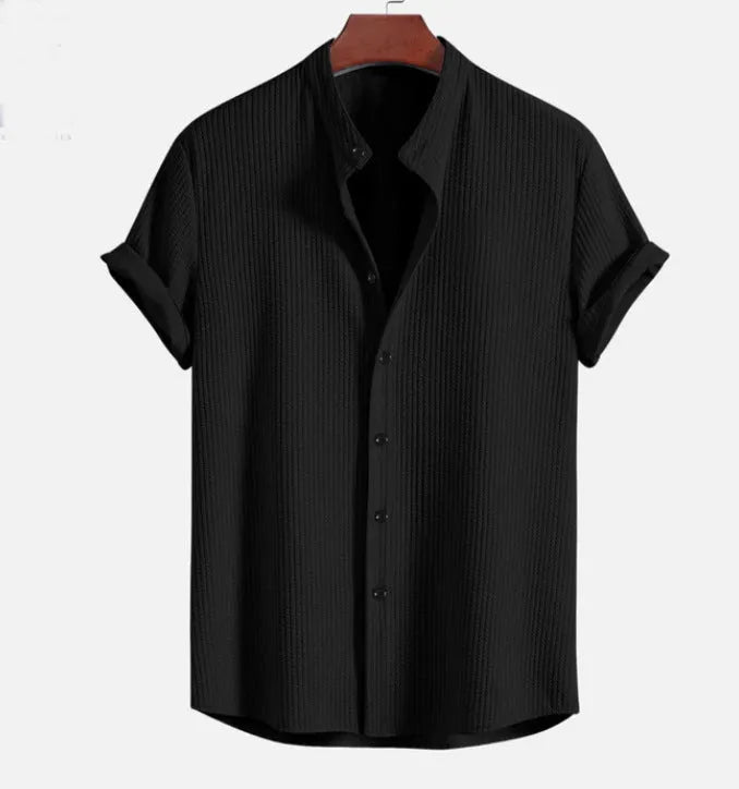 Men's loose fit short sleeve polyester shirt in multiple colour options including wine red, dark green and light blue