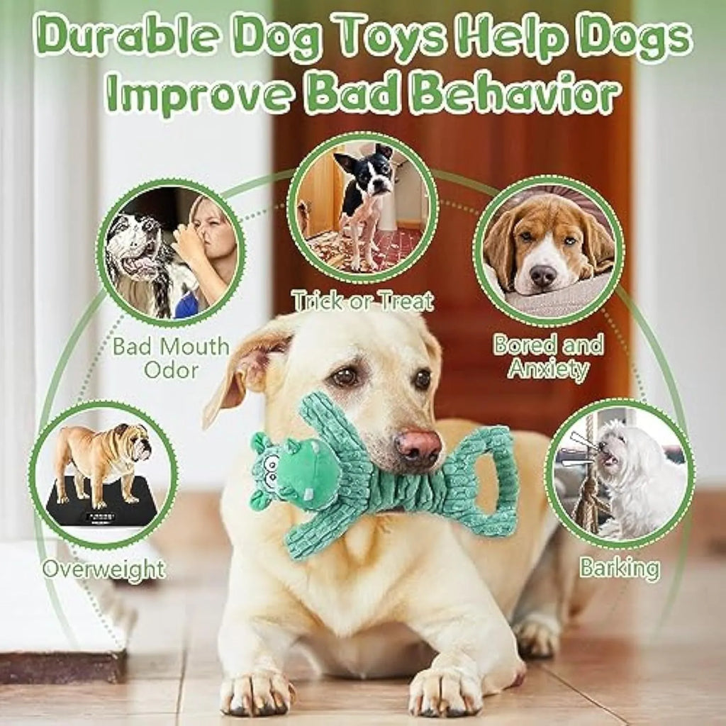 Large squeaky plush dog toy with handle and crinkle paper for interactive play