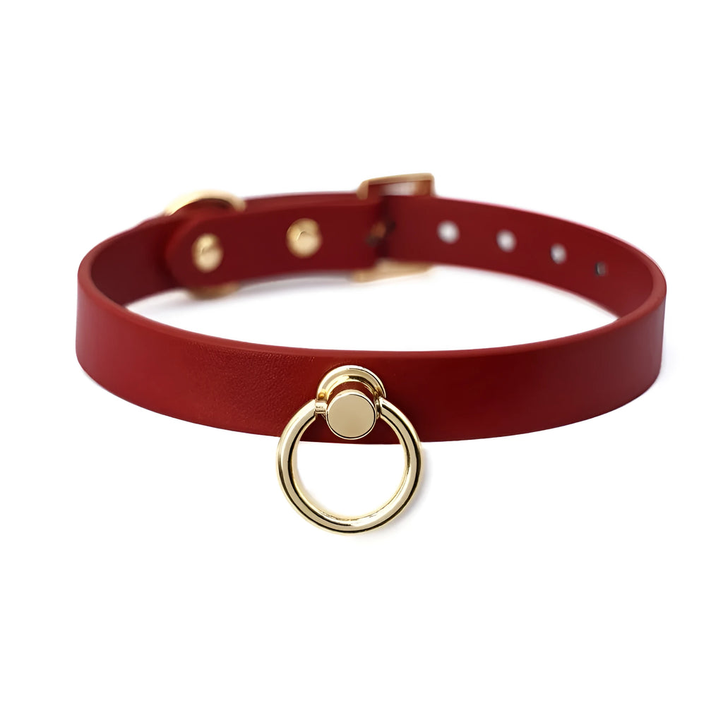 Genuine cowhide leather collar with metal fittings and a connected pull lead on a dark surface.