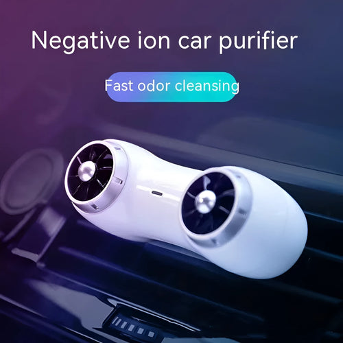 Compact black car air purifier with anion generator and aromatherapy functions