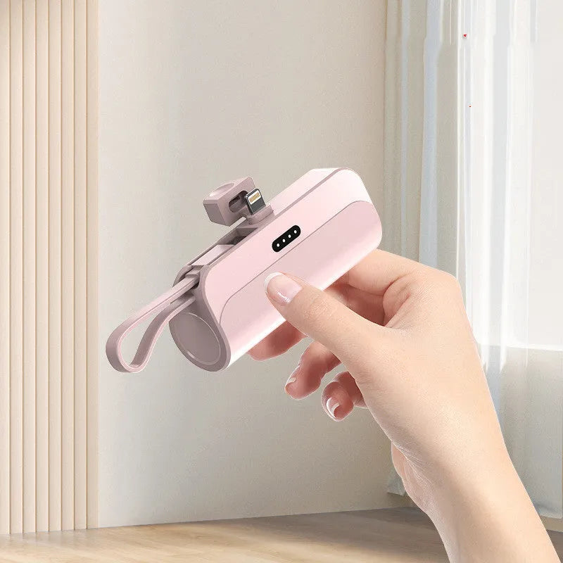 Capsule 20W 5000mAh mini power bank with folding bracket and built-in Type-C and Lightning cables in grey