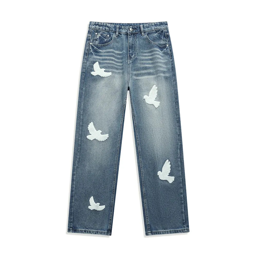 Men's mid-waist straight-leg cotton denim jeans in blue, button placket, size S to 5XL for autumn casual wear