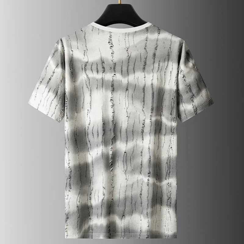 Men's grey plus size round neck t-shirt with short sleeves showing loose fit