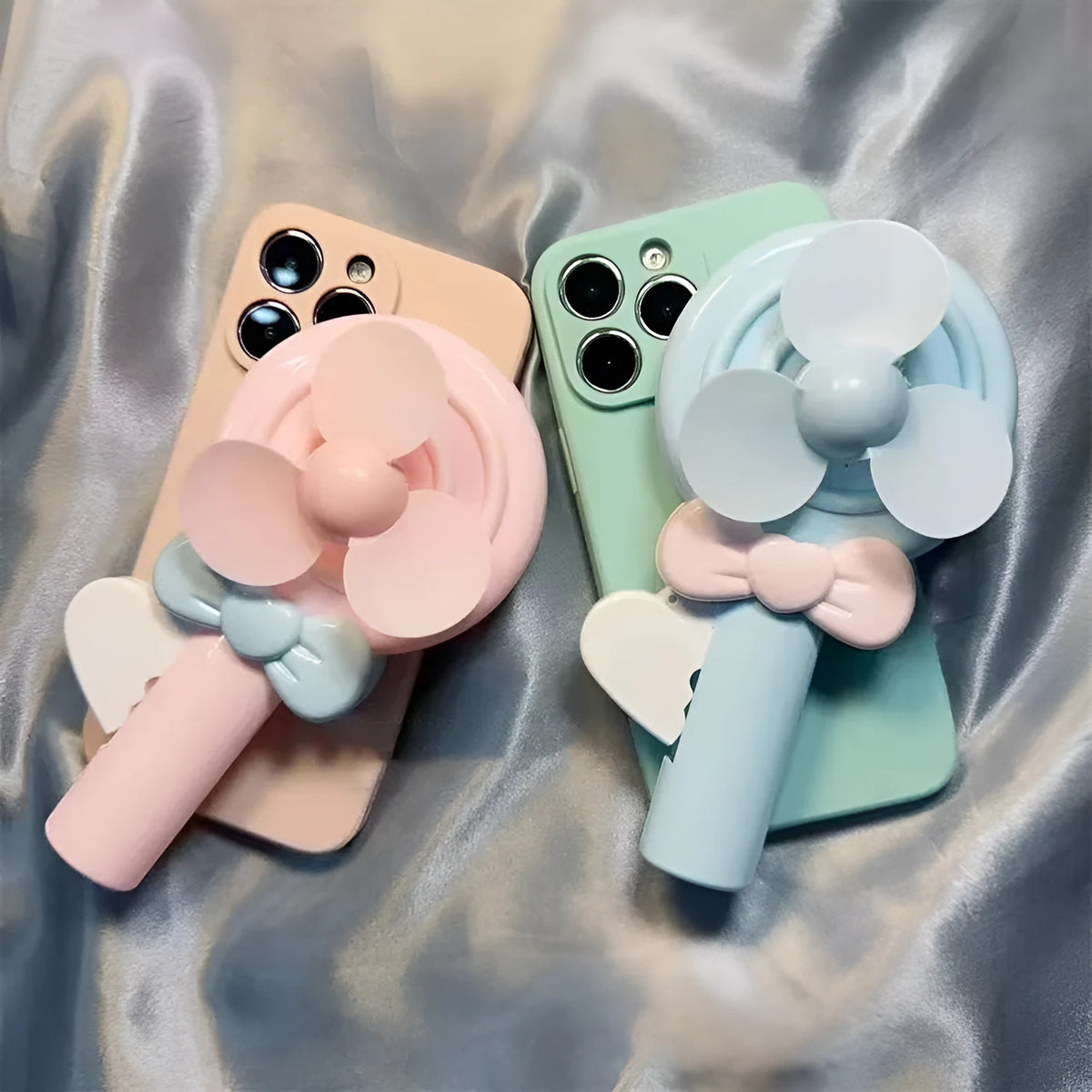Lollipop hand fan drop-resistant soft TPU phone case in cyan and pink for iPhone models 6 to 15 Pro Max.