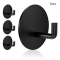Stainless steel self-adhesive hook in black and polished finishes for bathroom or kitchen use.