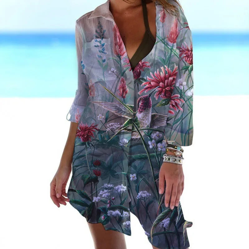 Women's slim fit long sleeve blouse with 3D bird and flower digital print, beach cover shirt in street style