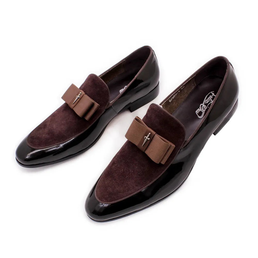 Men's glossy black patent leather low-top shoes with a tassel detail on a white background.