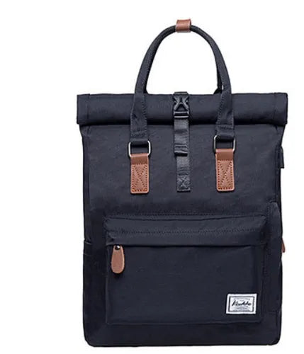 Casual black polyester backpack with a cover flap, shown with a laptop pocket and internal organisation.