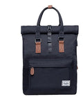 Casual black polyester backpack with a cover flap, shown with a laptop pocket and internal organisation.