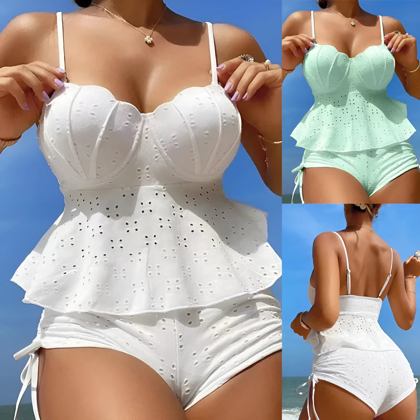Women's solid colour bikini set in green with hollow shell hard bag and polyester lining