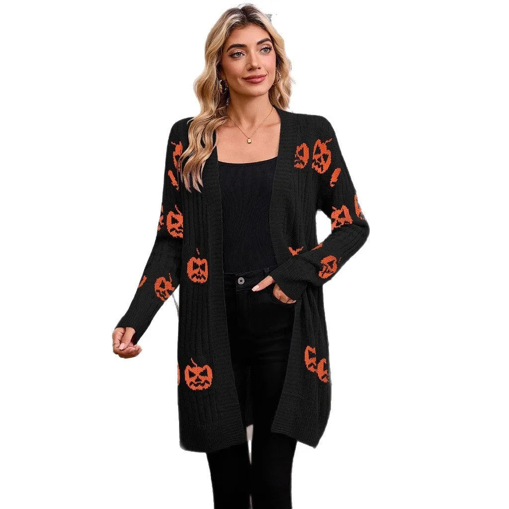 Women's black Halloween cardigan with orange pumpkin head jacquard pattern knitted design