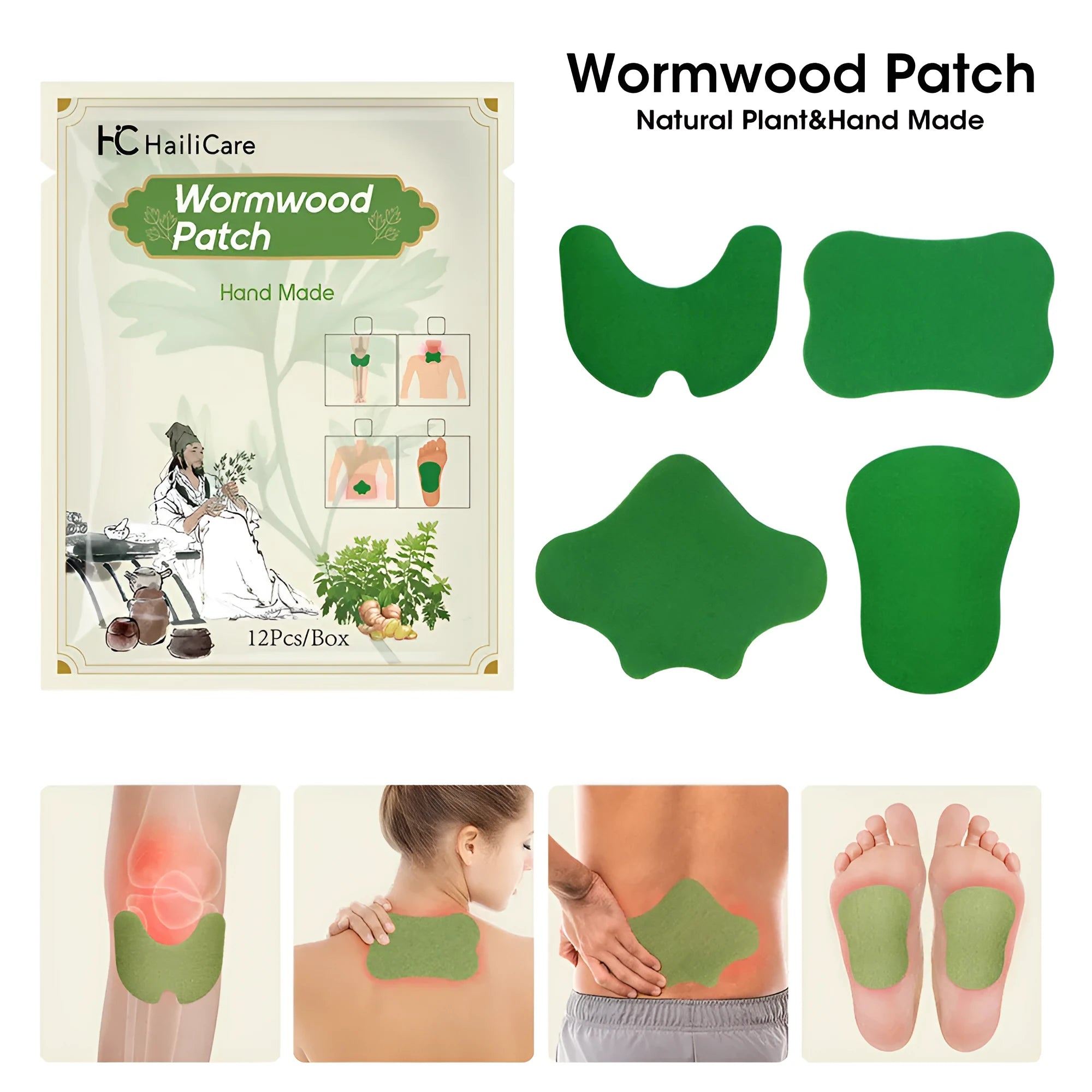 Chinese mugwort herbal patches in bag with cinnamon eucalyptus mint osmanthus leaf formula for knee lumbar spine foot