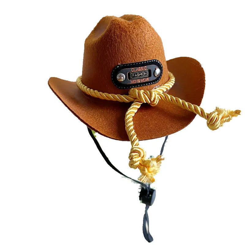 British-style brown cowboy hat for cats with star velvet belt trim