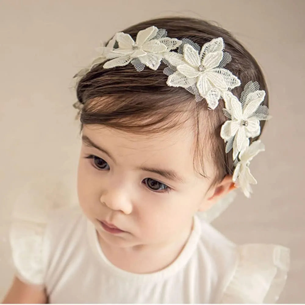 Baby girls headband with double bow-knot and lace floral design in soft cloth material
