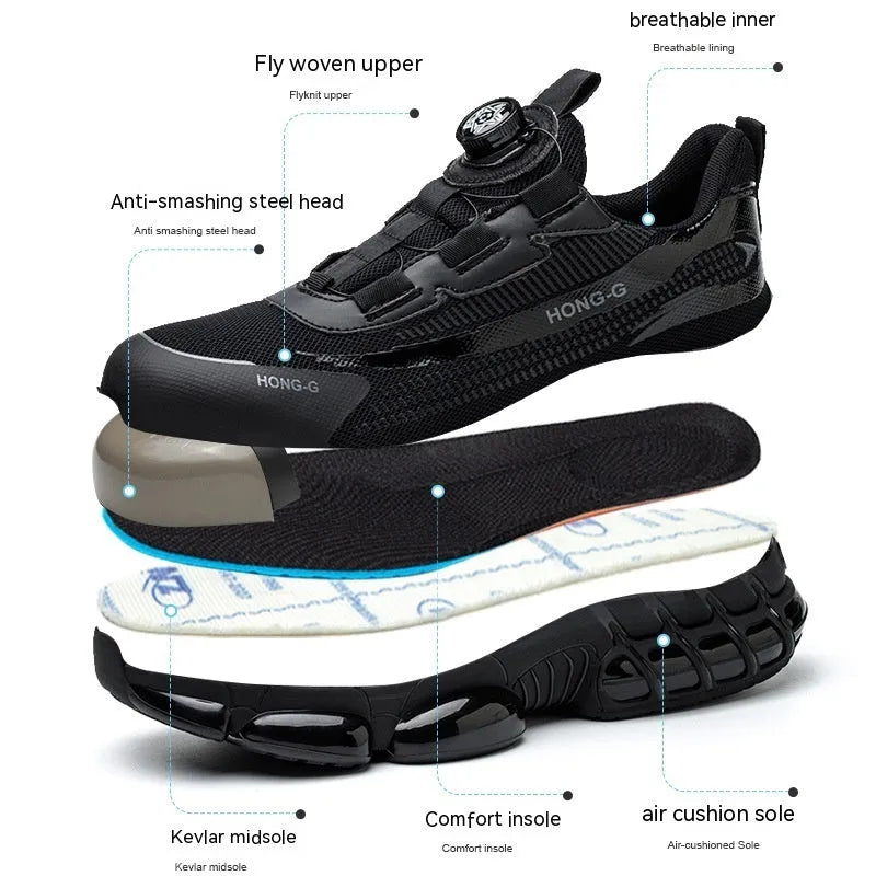 Men's lightweight black safety work shoes with steel toe cap and lace-up front.