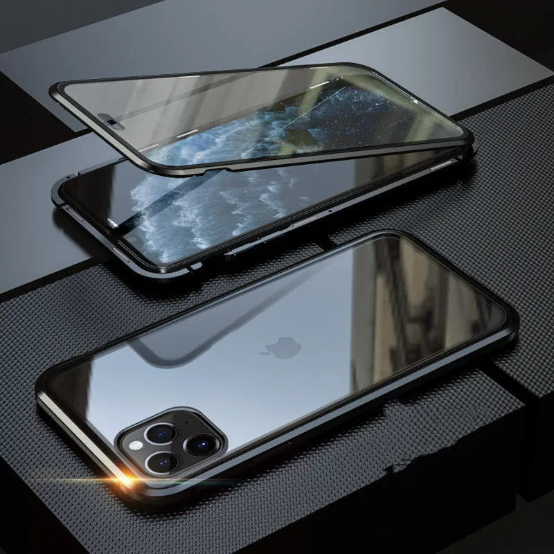Glass anti-spy clamshell phone case for iPhone in six colour options: black, silver, red, gold, green, blue.