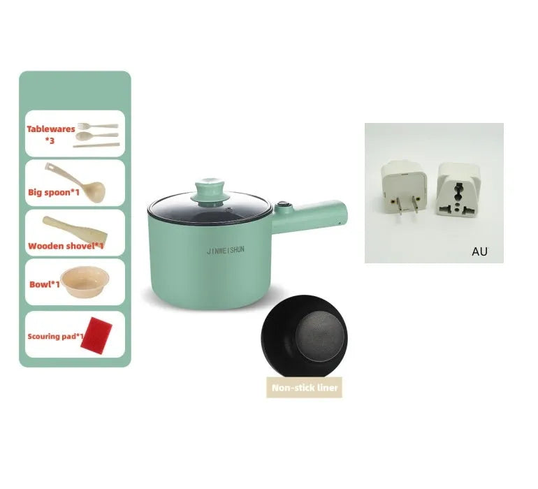 White, green, and khaki mini electric hot pot with non-stick interior and control panel.