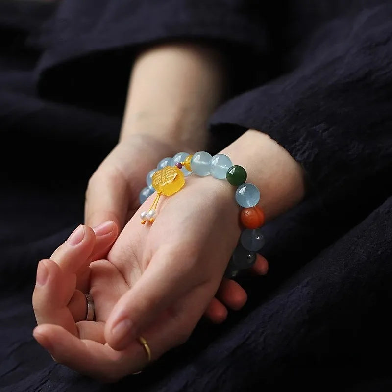 Natural aquamarine round bead bracelet with 10mm beads in unisex simple design