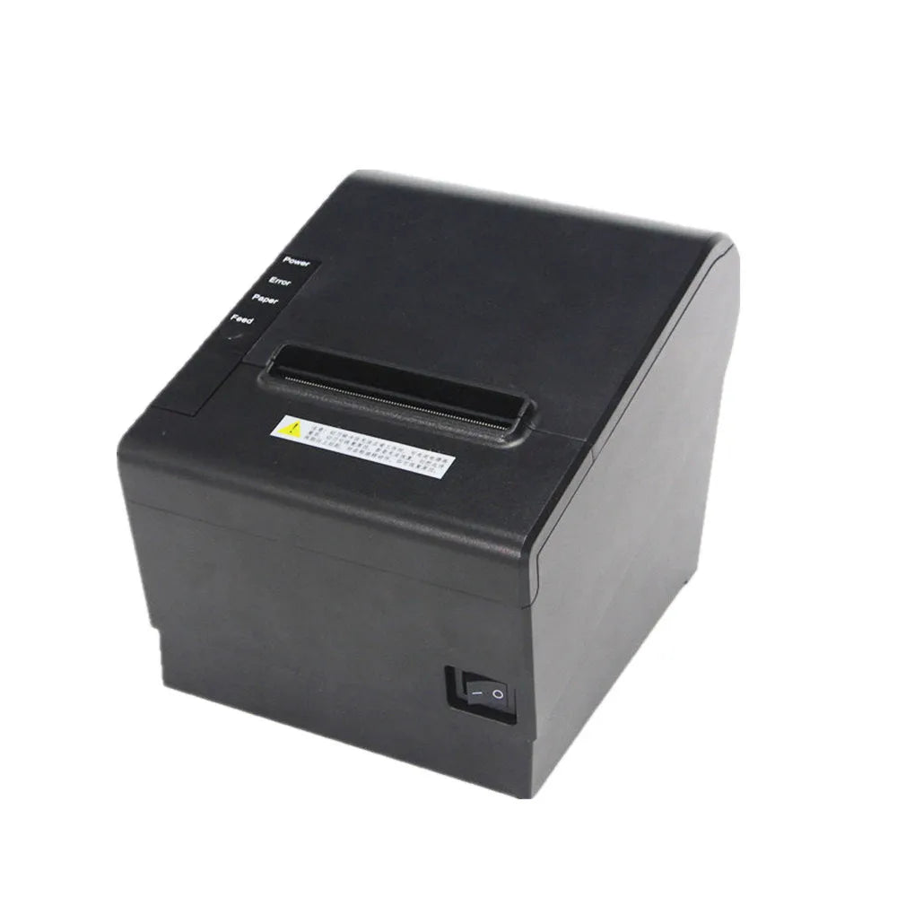 80mm thermal receipt printer with compact 215x205x160mm dimensions showing connectivity ports
