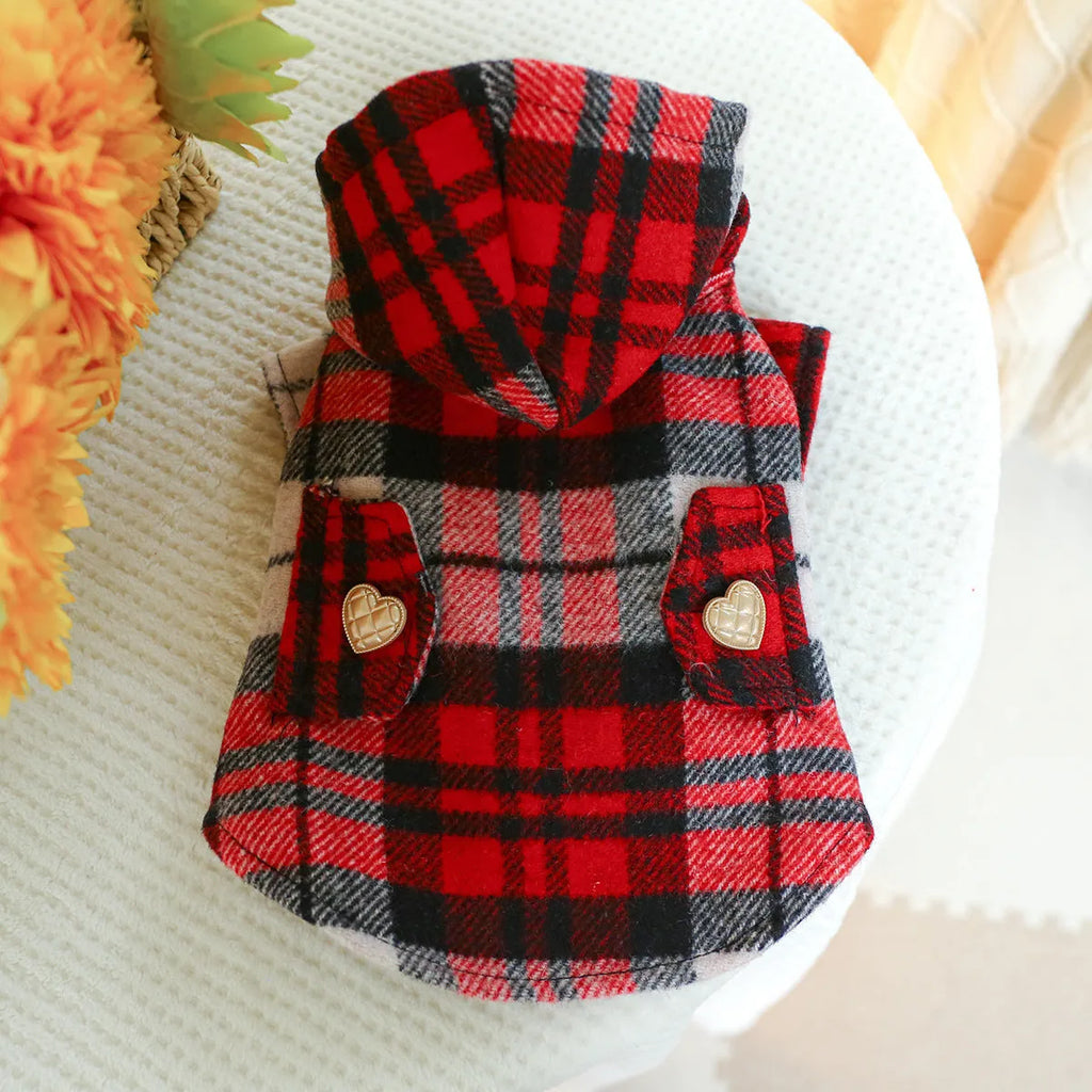 Red plaid polyester pet trench coat for dogs or cats with five size options from XS to XL