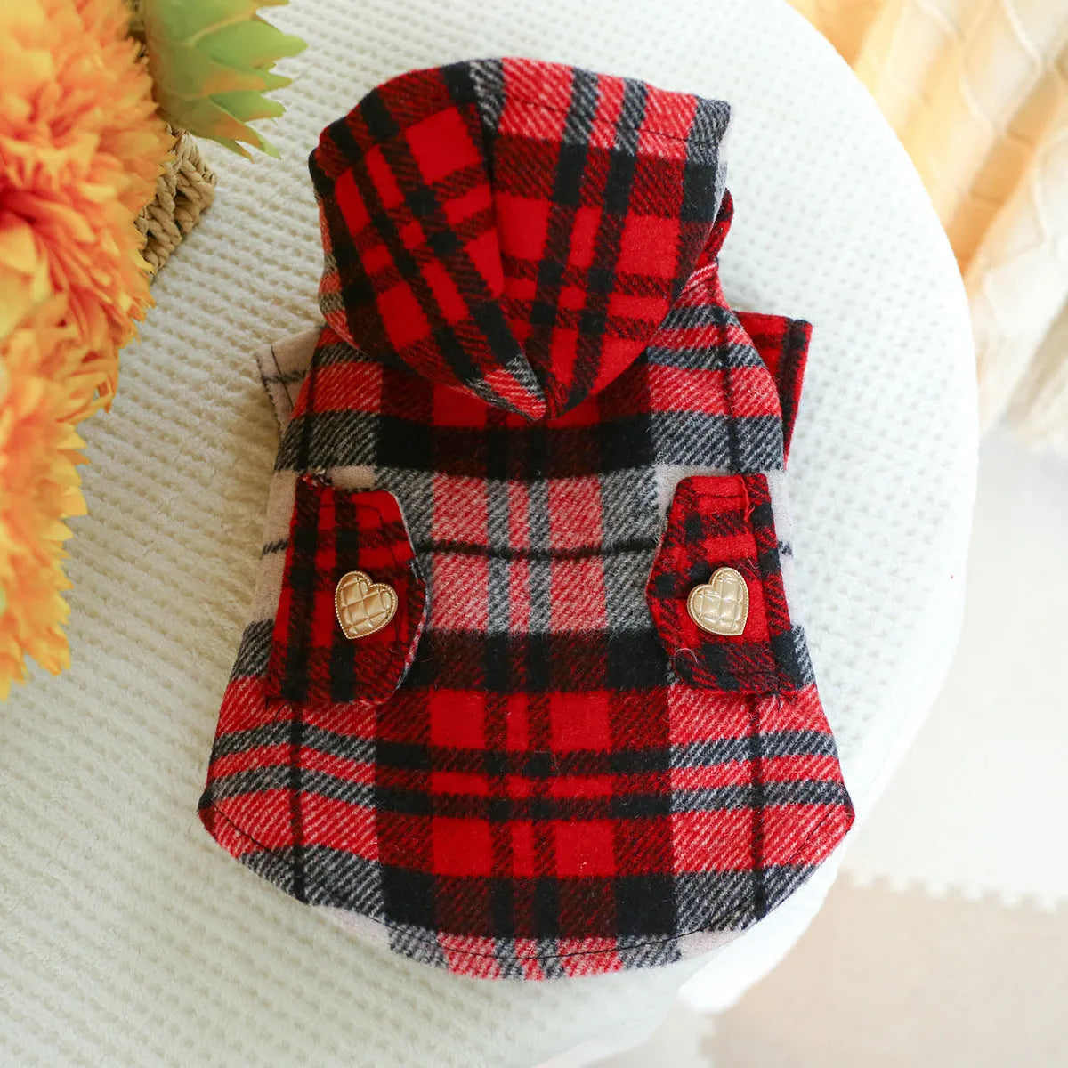 Red plaid polyester pet trench coat for dogs or cats with five size options from XS to XL