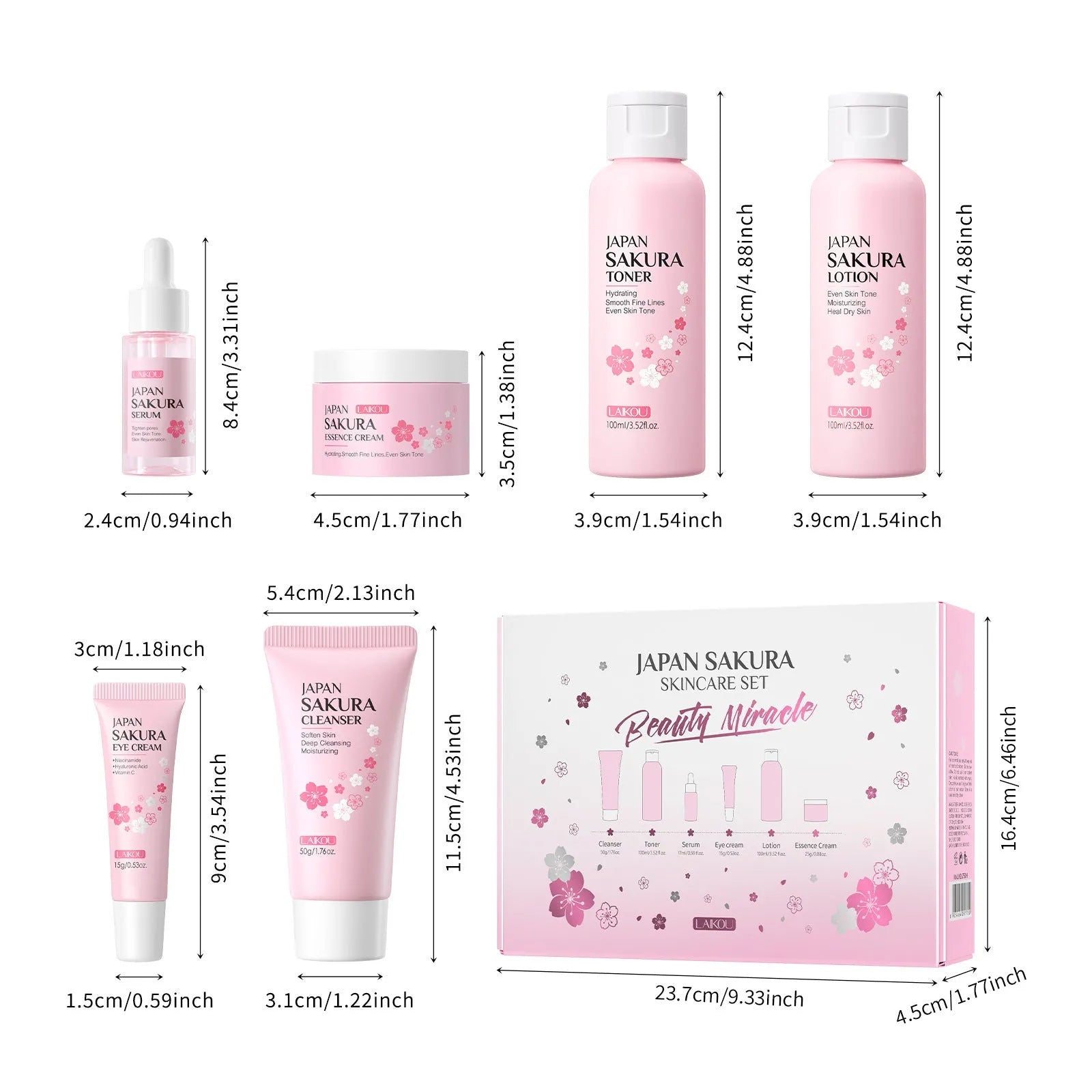 Cherry Blossom six-piece skincare set showing cleanser, toner, cream, essence, eye cream and essence cream